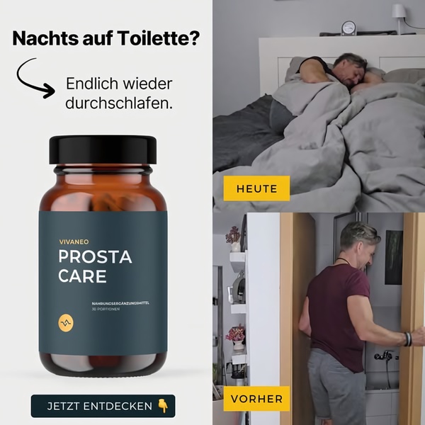 A split-screen comparison creative contrasting the struggle of frequent nightly bathroom visits with the comfort of a full night of sleep.